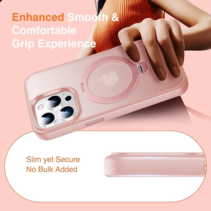 360° O-Ring MagStander for iPhone 13 Pro Case with Magnetic Kickstand Ring Holder [Compatible with MagSafe][360°Rotate Stand Ring][Military Shockproof] iPhone 13 Pro Phone Cover Matte Pink