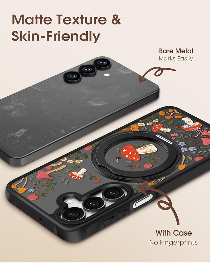 for Samsung Galaxy A16 4G/5G Case with 360° Rotatable Magnetic Ring - Semi-Transparent Anti-Fingerprint Soft-Touch Material Shockproof, Cute Mushroom Design for Women Girl