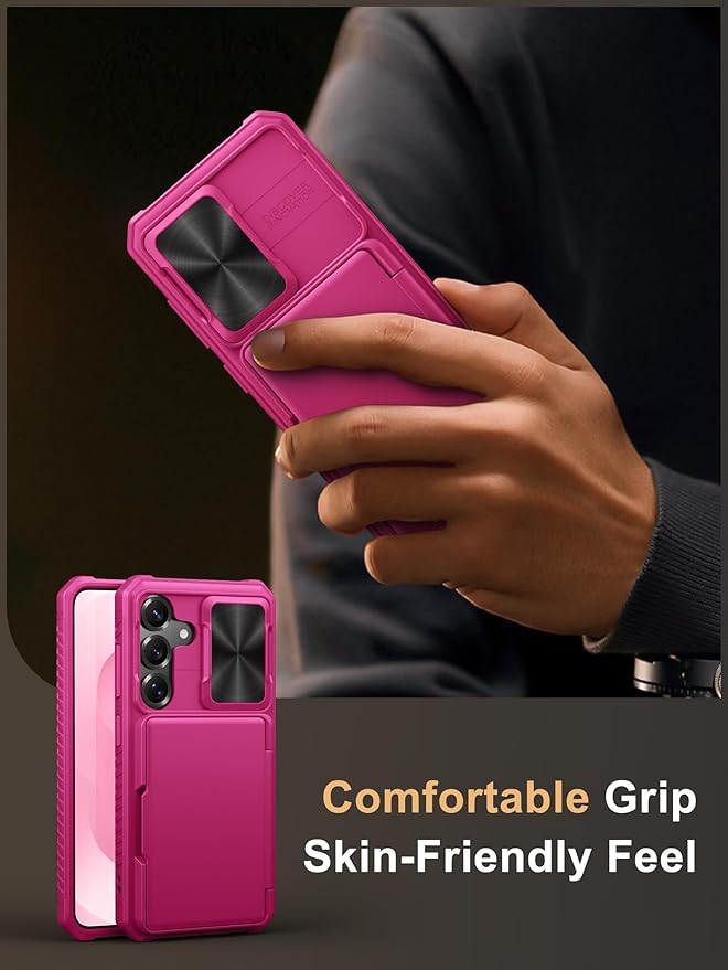 Vihibii for Samsung Galaxy S25 Wallet Case with Card Holder (4 Cards), [RFID Blocking] & Slide Camera Cover & Raised Edges Protect Screen, Heavy Duty Phone Cover for Samsung Galaxy S25 6.2", Hot Pink