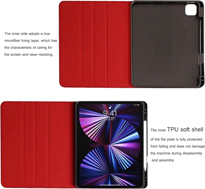 for Ipad Pro 13-inch Case M4 7th Gen 2024(Model:A2925/A2926) Genuine Leather Cover Protective Shell,Built-in Pencil Holder and Auto Wake/Sleep.Red