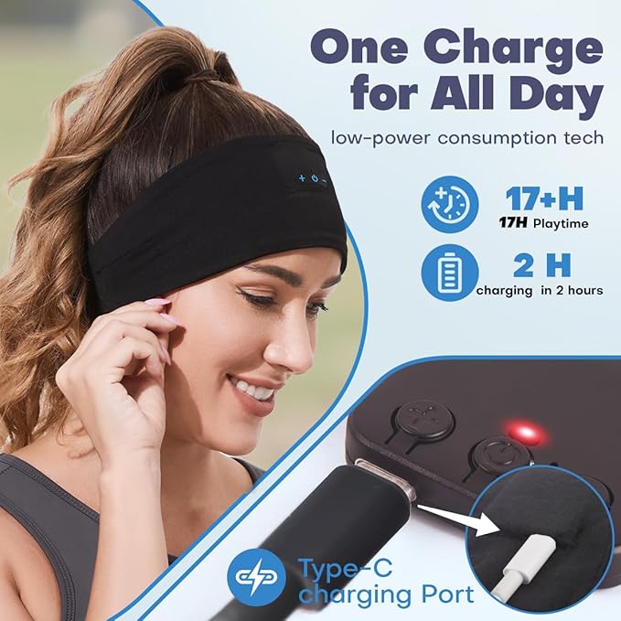 Sleep Headphones Bluetooth Headband for Side Sleeper, 17 Hours Playtime, Wireless Headband Headphones with HD Stereo Speakers for Workout,Running,Yoga, Ideal Gifts for Men, Women, Teens, Black