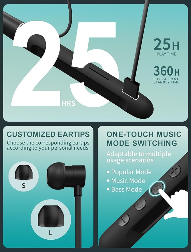 Air Tube Bluetooth Headphones with LED Battery Display,EMF Free Neckband Wireless Earbuds with 25H Playtime,HD Bass Airtube Headphone Emf Free with Mic And Controls,Airtube Earbuds For Sleep,Work,Gym