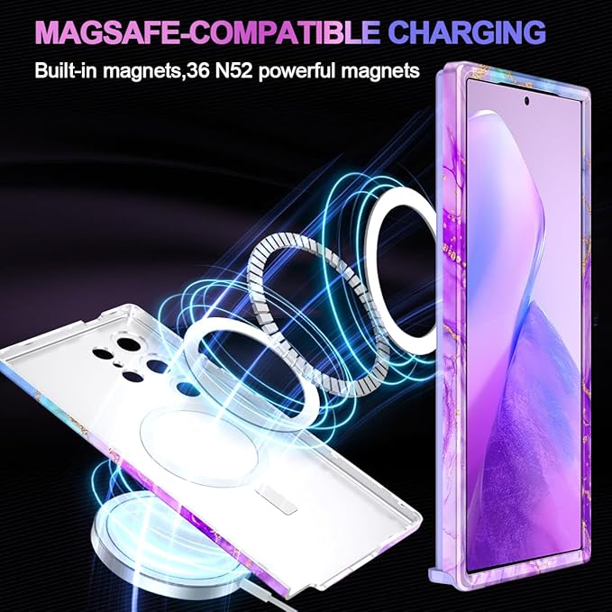 Casetego for Galaxy S24 Ultra Case,Compatible with MagSafe,[Military Grade Drop Test] Full Body Protection Slim Shockproof Rugged Marble Women Case for Samsung Galaxy S24 Ultra 6.8 inch,Bright Purple
