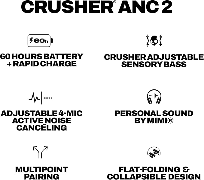 Skullcandy Crusher ANC 2 Over-Ear Noise Canceling Wireless Headphones with Sensory Bass and Charging Cable, 50 Hr Battery, Skull-iQ, Alexa Enabled, Microphone, Works with Bluetooth Devices - Bone