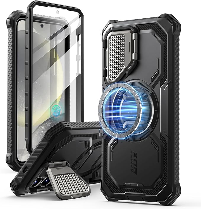 i-Blason for Samsung Galaxy S25 Case with Camera Cover Stand [MagSafe Compatible] [Built-in Screen Protector] Full-Body Military-Grade Protection Rugged Magnetic Phone Case for S25 6.2'', Black