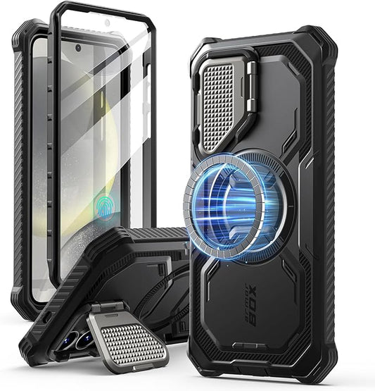 i-Blason for Samsung Galaxy S25 Case with Camera Cover Stand [MagSafe Compatible] [Built-in Screen Protector] Full-Body Military-Grade Protection Rugged Magnetic Phone Case for S25 6.2'', Black