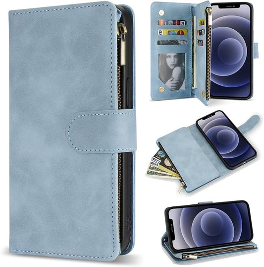ZZXX for iPhone 12 Case Wallet with Card Slot Premium Soft PU Leather Zipper Folio with Wrist Strap Kickstand Protective for iPhone 12 Pro (Light Blue, 6.1 inch)