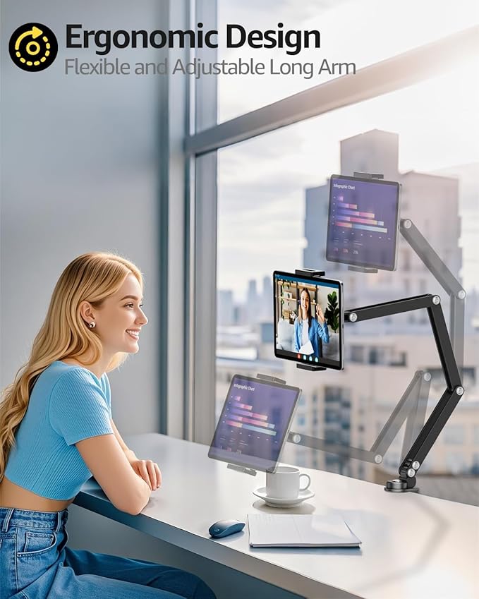 Urmust Tablet Holder Mount with Extendable Arm, Multi-Angle Adjustable for 4.7-13" iPad Pro, Air, Galaxy Tab, Kindle Fire, Switch - Universal Tablet Stand for Desk, Desk & Work