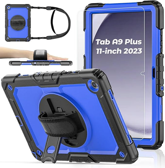 Case for Samsung Galaxy Tab A9+ Plus Tablet Case 11" 2023 with Tempered Glass Screen Protector, [Proof],Rotatable Kickstand/Hand & Shoulder Strap/S Pen Holder (Blue)