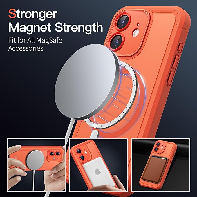 COOLQO Magnetic for iPhone 12 Case, Compatible with MagSafe, Dual Layer Design Military Grade Protection, Translucent Matte Scratch-Resistant Back Protective Shockproof Phone Case, Orange