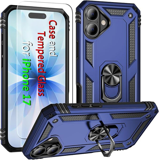 ADDIT Compatible with iPhone 17 Case with Tempered Glass Screen Protector, Adjustable Kickstand Ring, Military-Grade Heavy Duty Protection, Shockproof, Anti-Fingerprint,Blue