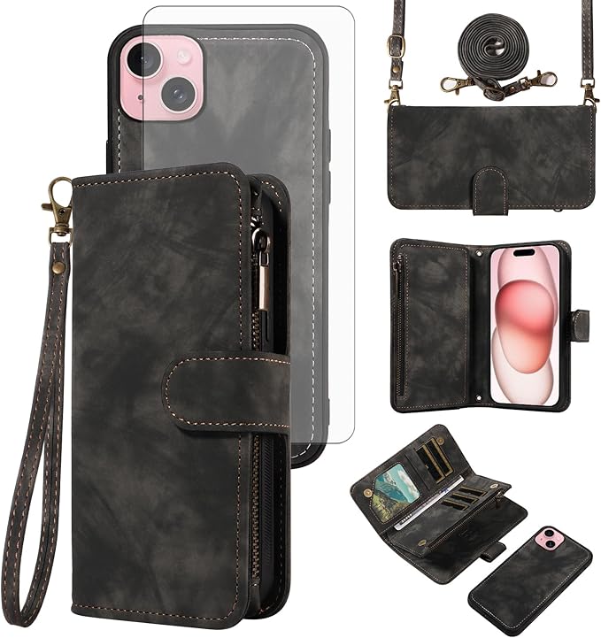 Asuwish Phone Case for iPhone 15 6.1 inch Zipper Wallet Magnetic Cell Cover with Tempered Glass Screen Protector Crossbody Strap Flip Credit Card Holder iPhone15 5G i i-Phone i15 15Case Women Black