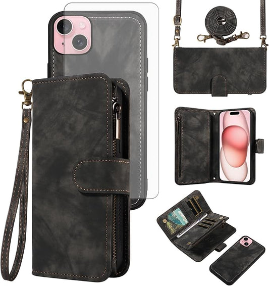 Asuwish Phone Case for iPhone 15 6.1 inch Zipper Wallet Magnetic Cell Cover with Tempered Glass Screen Protector Crossbody Strap Flip Credit Card Holder iPhone15 5G i i-Phone i15 15Case Women Black