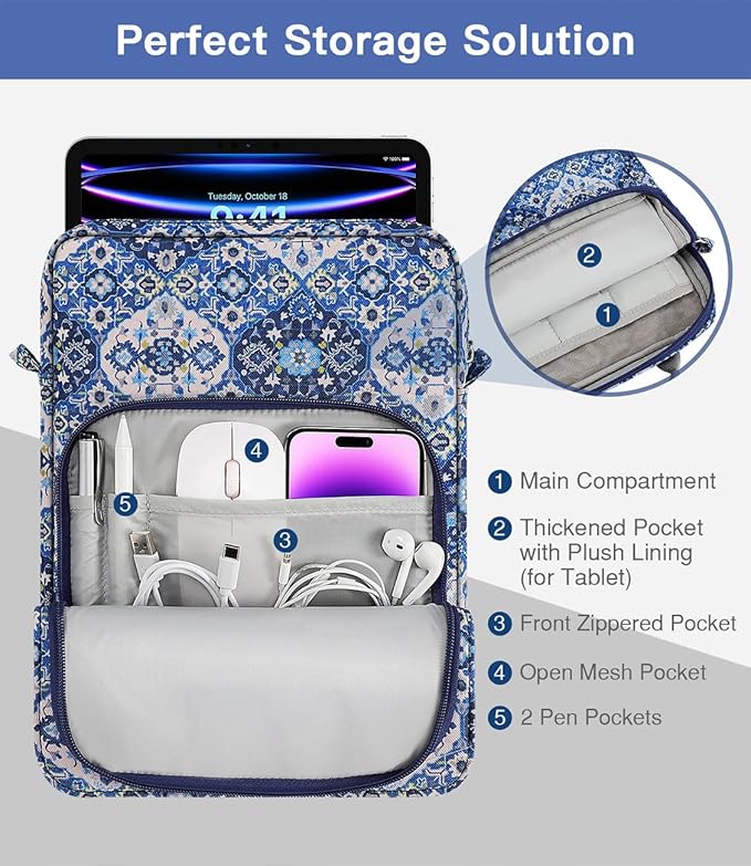 MoKo 9-11 Inch Tablet Sleeve Bag Handle Carrying Case with Shoulder Strap Fits 11inch iPad Air M3, iPad A16 2025, iPadPro 11", iPad109/8/7th Gen 10.2, Air 5/4th 10.9, Tab S8/S9 11", Blue Bohemia