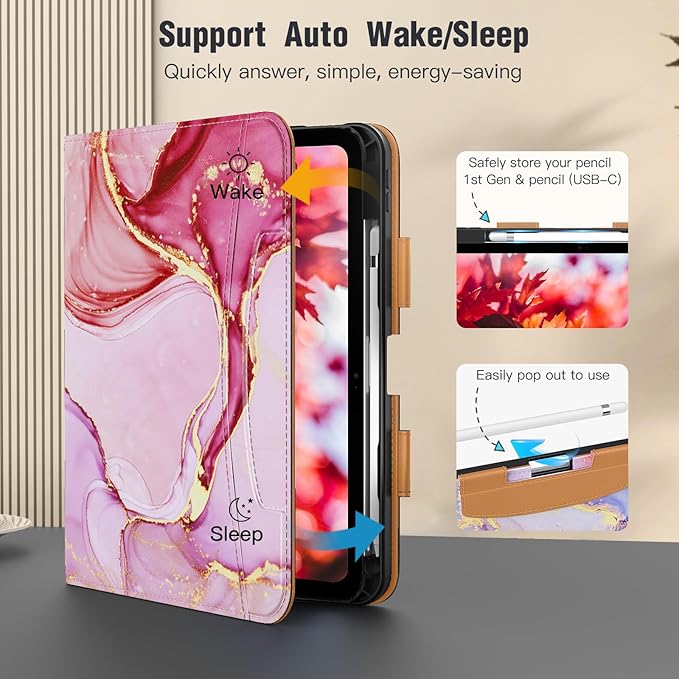 MoKo for iPad (A16) 11th Generation Case 11 inch 2025, iPad 10th Generation Case 10.9" 2022 with Pencil Holder & Pocket, Premium Leather Folio Stand Cover, Multiple Viewing Angles, Pink Gold Marble