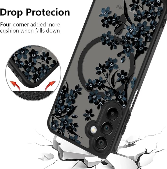 Fiyart Designed for Samsung Galaxy A14 5G Case Matte Flowers Design Compatible with MagSafe Wireless Charging,Cute Floral Anti-Scratch Translucent Phone Cover for Women Girls 6.6"-Black