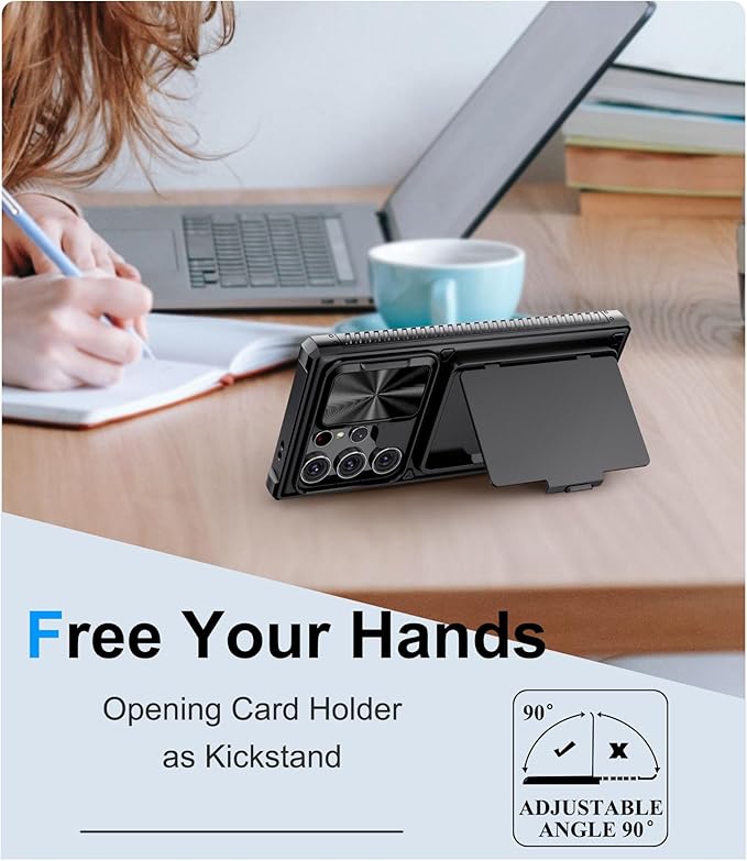 for Samsung Galaxy S23 Ultra Case with Card Holder & Kickstand & Slide Camera Protector, Military Grade Drop Shockproof Silicone Wallet Phone Case Cover for Galaxy S23 Ultra 5g 2023, Black