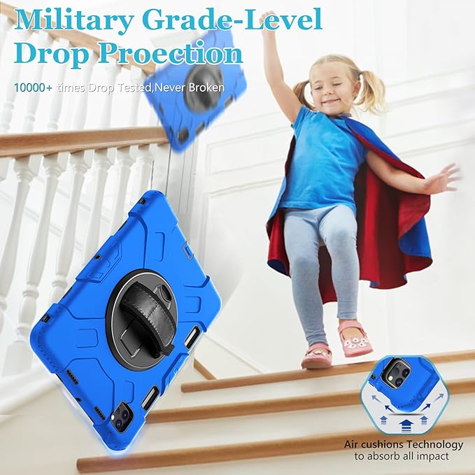 Case for iPad Pro 11 Inch 2022/2021/ 2020/2018: Silicone Cover for iPad 11 Inch 4th/ 3rd/ 2nd/ 1st/ Generation with Screen Protector- Stand- Handle- Shoulder Strap- Pencil Holder- Blue