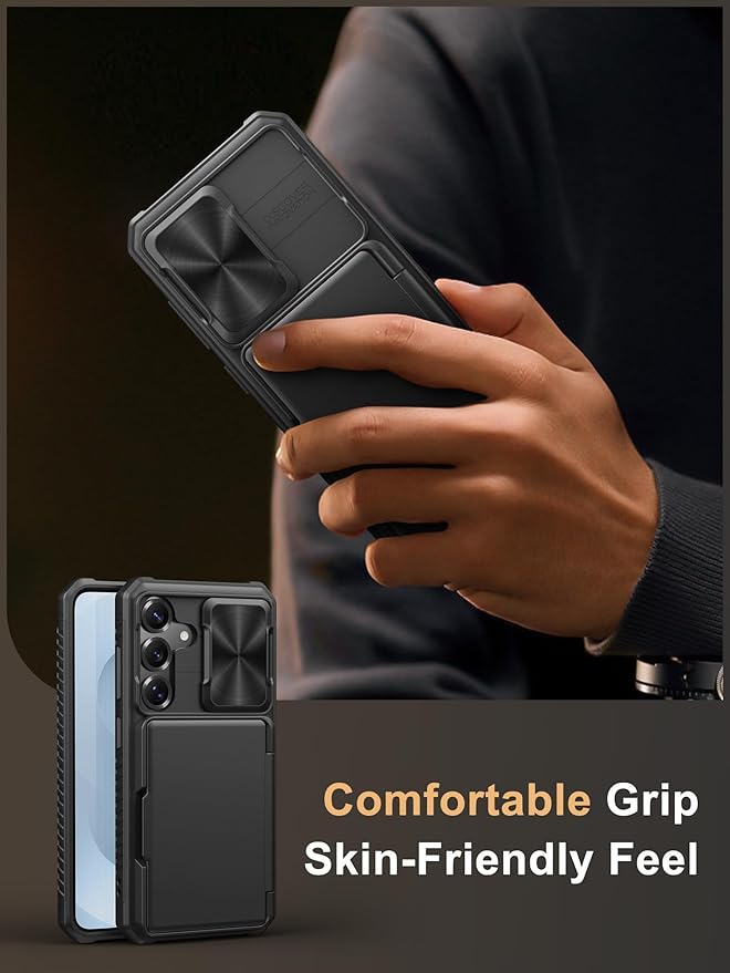 Vihibii for Samsung Galaxy S25 Case with Card Holder (4 Cards), [RFID Blocking] & Slide Camera Cover & Military Grade Drop Protection, Silicone Edge Wallet Case for Samsung Galaxy S25 6.2" 2025, Black