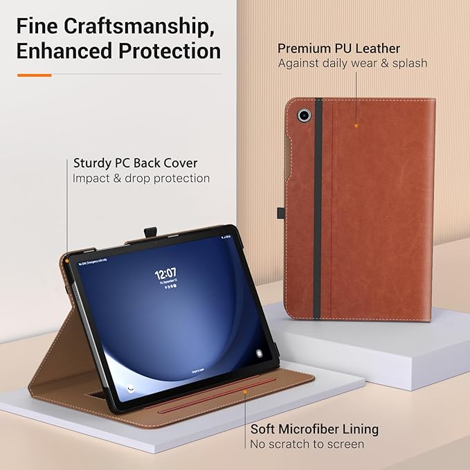 MoKo Case for Samsung Galaxy Tab A9 Plus 11" 2023 (SM-X210/SM-X216/SM-X218), PU Leather Multi-Angle Viewing Folding Stand Cover Case with Hand Strap, Front Pocket, Auto Wake/Sleep, Brown