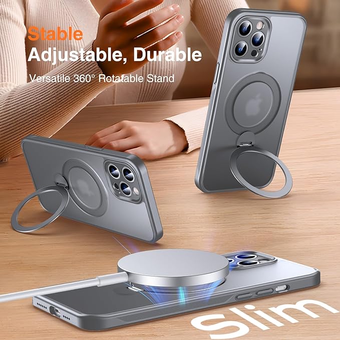 360° O-Ring MagStander for iPhone 12 Pro Max Case with Magnetic Kickstand Ring Holder [Compatible with MagSafe][360°Rotate Stand][Military Shockproof] iPhone 12 Pro Max Phone Cover Grey