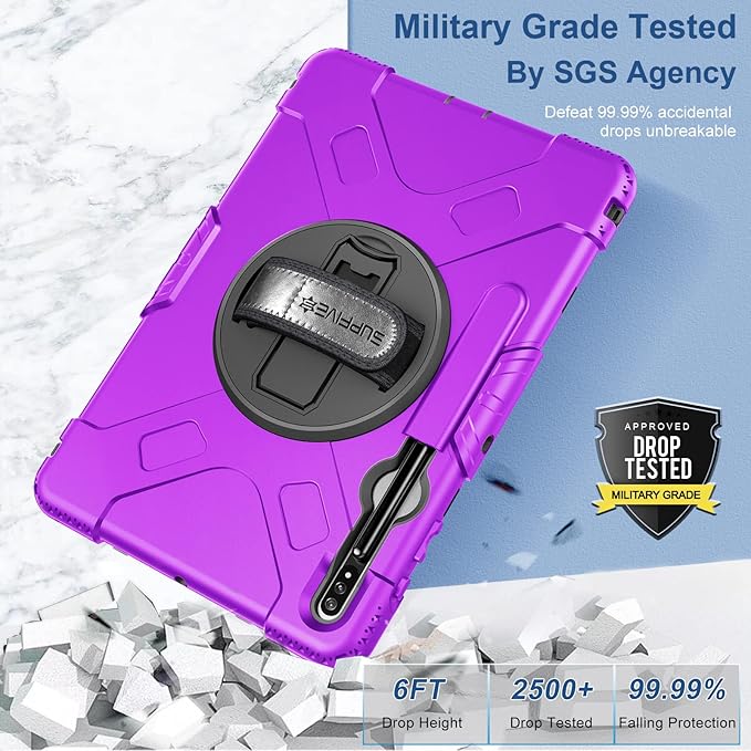 SUPFIVES Case for Samsung Galaxy Tab S8 Plus 2022: Three Layer Heavy Duty Silicone Protective Cover with Stand - S Pen Holder - Handle for Galaxy Tablet S8+/S7+/S7 FE 12.4" - Purple