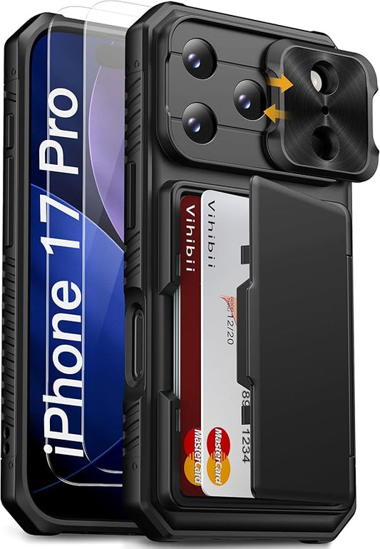 Vihibii for iPhone 17 Pro Case with [2X Screen Protector], Built-in Card Holder (4 Cards), [RFID Blocking] & Slide Camera Cover & Tempered Glass Films, Rugged Wallet Cover for 17 Pro 6.3" 2025, Black