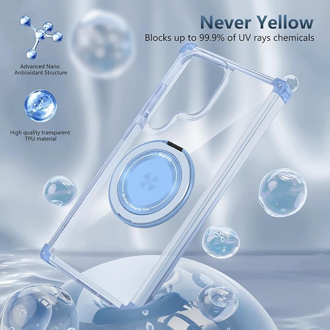 for Samsung Galaxy S24 Ultra Case Compatible with Magnetic Wireless Charging with Screen Protectors,Galaxy S24 Ultra Case Built-in Kickstand Ring Military Grade Drop Protection Shockproof Blue