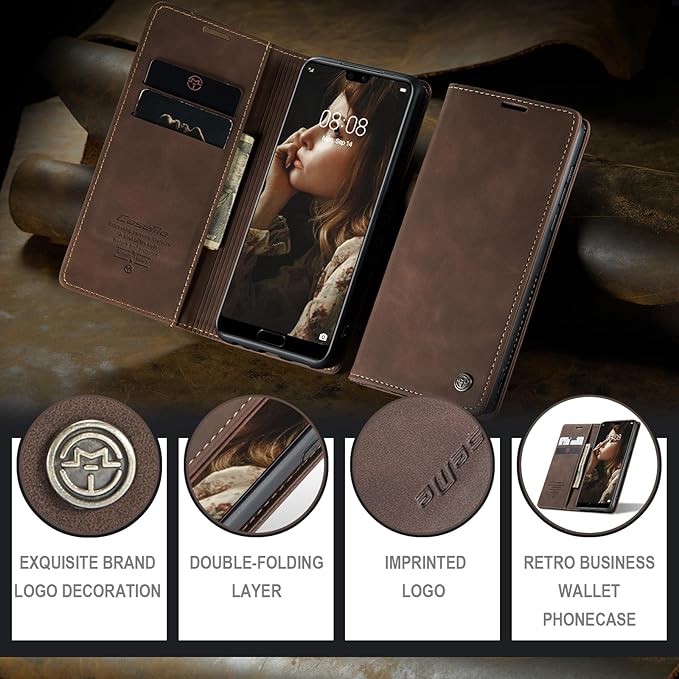 for Huawei P20 Case, Flip Wallet Leather Case with Card Holder Magnetic Closure Shockproof Kickstand Protective Phone Cases Cover for Huawei P20,Coffee