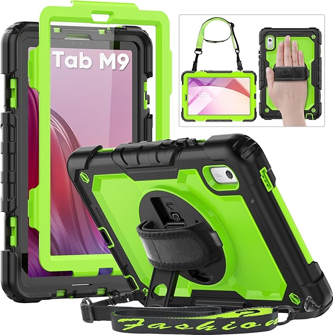 HXCASEAC Case for Lenovo Tab M9 2024/2023 (TB-310FU), with Screen Protector/Rotating Hand Strap/Sturdy Stand, Protective Cover for Lenovo M9 Tablet Case 9 inch, Green