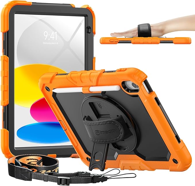 timecity for iPad (A16) 11th/ 10th Generation Case 11''/ 10.9 Inch (2025/2022) - Heavy Duty Protective Cover with Screen Protector, Stand, Shoulder Strap & Pencil Holder | Kids-Friendly - Orange