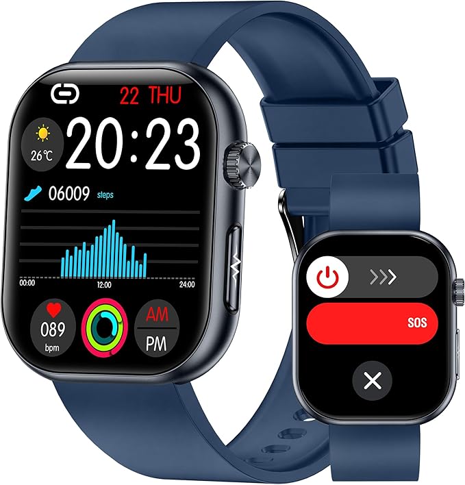 Smart Watch for Men Women (Receive/Make Calls), 1.96" AMOLED Slim Sports Fitness Tracker, Heart Rate/Sp02/Sleep Monitoring, SOS, IP68 Waterproof, Pedometer for Android/iOS (Blue)