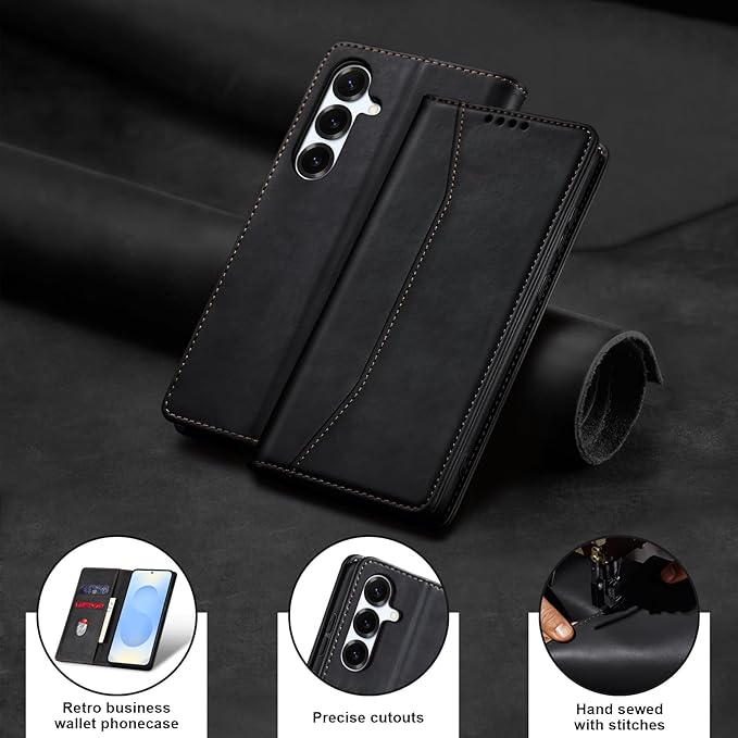 Jasonyu Flip Wallet Case for Samsung Galaxy S25,Leather Magnetic Folio Cover with Card Holder,Kickstand - TPU Shockproof Durable Protective Phone Case,Black