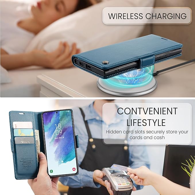 AUPAI for Samsung Galaxy S21 FE Wallet Case with Credit Card Holder, PU Leather RFID Blocking Folio Flip Kickstand Magnetic Clasp Protective Phone Cover for Women Men Blue