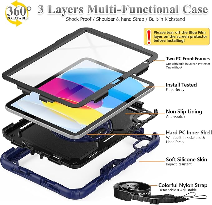 SEYMAC stock Case for iPad (A16) 11th/10th Generation 11''/10.9'' 2025/2022, Full-Body Drop Protection Case with Screen Protector &360° Rotate Hand Strap/Stand, Navy Blue
