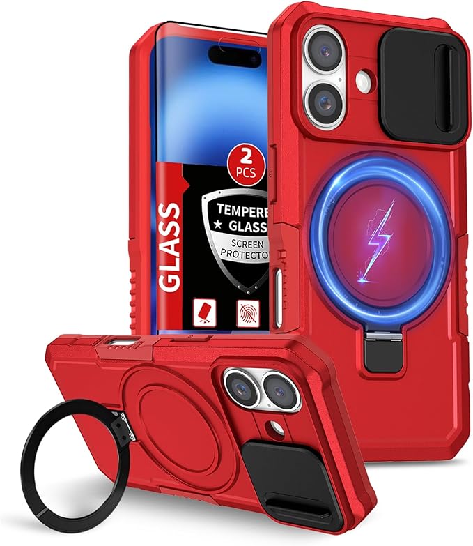 for iPhone 16 Plus Case Magnetic Compatible with MagSafe Wireless Charging,Built-in 360°Kickstand,with Camera Cover,with 2 Screen Protector,Anti-Scratch Shockproof Heavy Duty Protection Red
