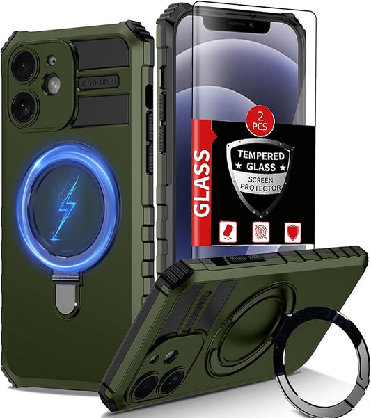 for iPhone 12 Case Magnetic Compatible with MagSafe Wireless Charging,with 2 Screen Protectors,Built-in Kickstand Ring,Shockproof Shock-Absorbent Scratch Resistant Heavy Duty Protection Green