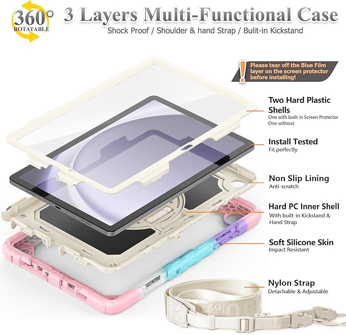 SEYMAC stock Case for Samsung Galaxy Tab A9+ Plus 11'', Full-Body Drop Protection Case with Screen Protector Pencil Holder [360° Rotating Hand Strap] &Stand, Yellowish+Pink