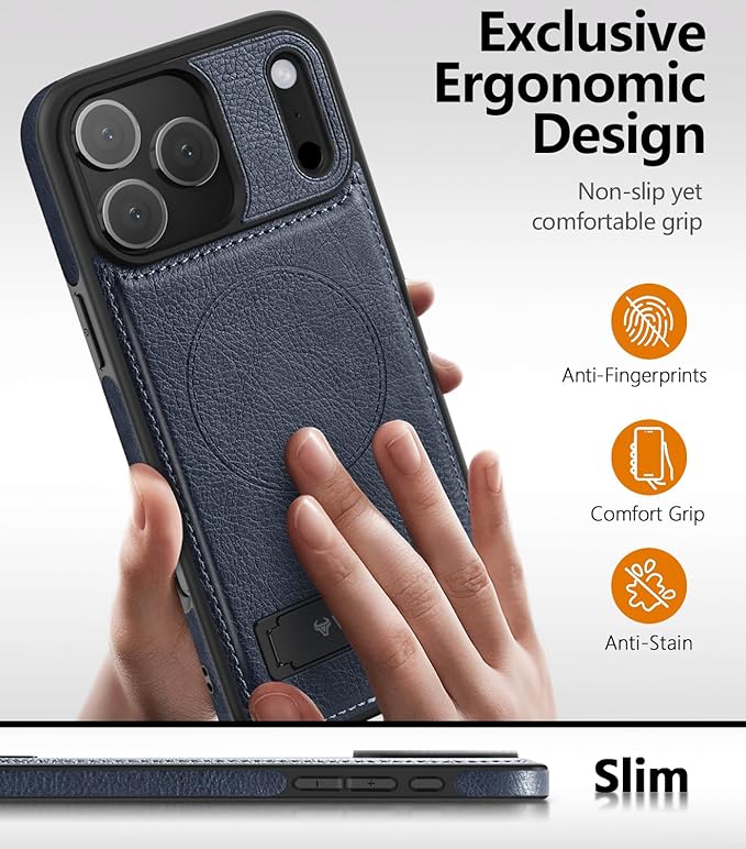 Magnetic for iPhone 17 Pro Leather Case,Built-in Invisible Stand [Compatible with Magsafe] Protective Slim Kickstand Phone Cover for iPhone 17 Pro Case, Blue