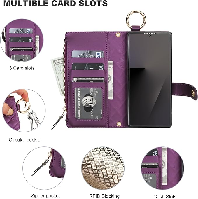 KIHUWEY for Galaxy Z Fold 7 Wallet Case with Card Holder Premium Leather Magnetic RFID Blocking Shockproof Zipper Wrist Strap Lanyard Cover for Samsung Galaxy Z Fold 7 8.0 Inch (Dark Purple)