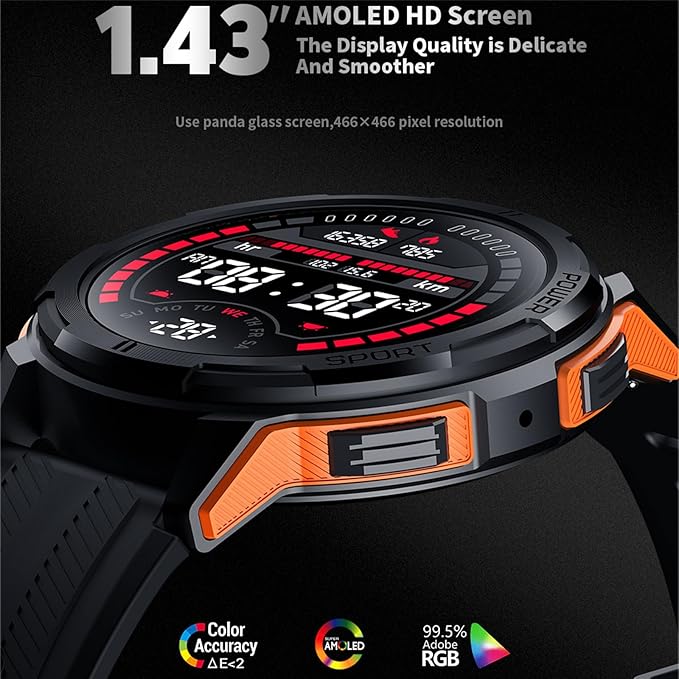 Military-Style Smartwatch for Men,5ATM Waterproof, 1.43" AMOLED HD Display, 123+ Sport Modes, 24/7 Health Monitoring, Answer/Make Calls, for iOS/Android (Orange)