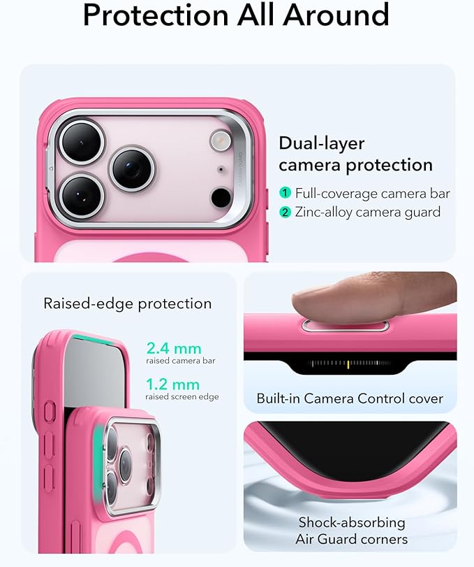 ESR for iPhone 17 Pro Case with Stand, Camera Control Cover Compatible with MagSafe, Military-Grade Drop Protection Magnetic Phone Case for iPhone 17 Pro, Scratch-Resistant Back Cover, Frosted Pink