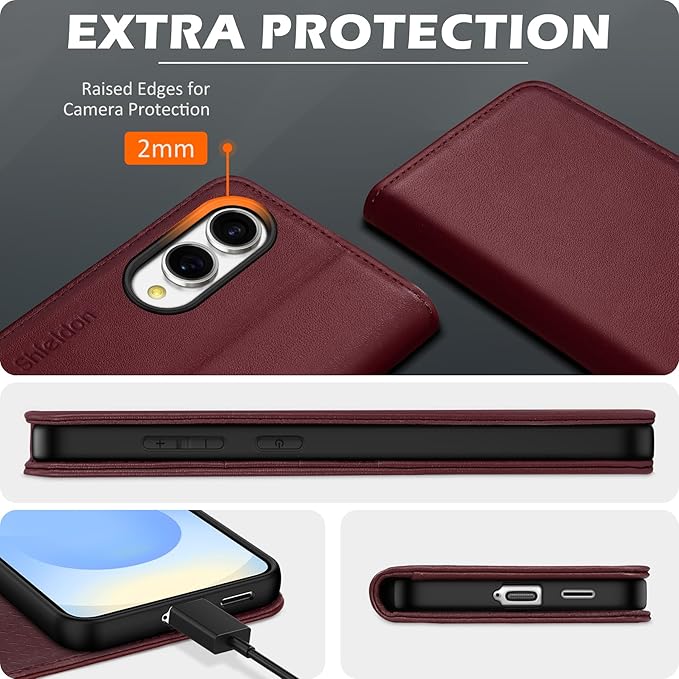 SHIELDON Wallet Case for Galaxy S25 Edge 5G 6.7", Genuine Leather Flip Magnetic Cover RFID Blocking Card Slot Kickstand Shockproof Protective Case Compatible with Galaxy S25 Edge 2025 - Nappa Wine Red