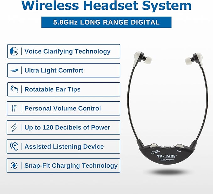TV · Ears Long Range Digital Wireless Headset System, 5.8 GHz RF Transmitter Headsets for TV, Ideal for Seniors & with Hearing Difficulties, Works with a Wide Range of TV Brands, 1 Pair