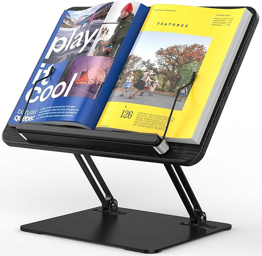 BESIGN BS01 Book Stand for Reading, Adjustable Book Holder, Ergonomic Laptop Stand with Elastic Page Clips for Music Scores, Recipe, Tablet, Laptop (Black)