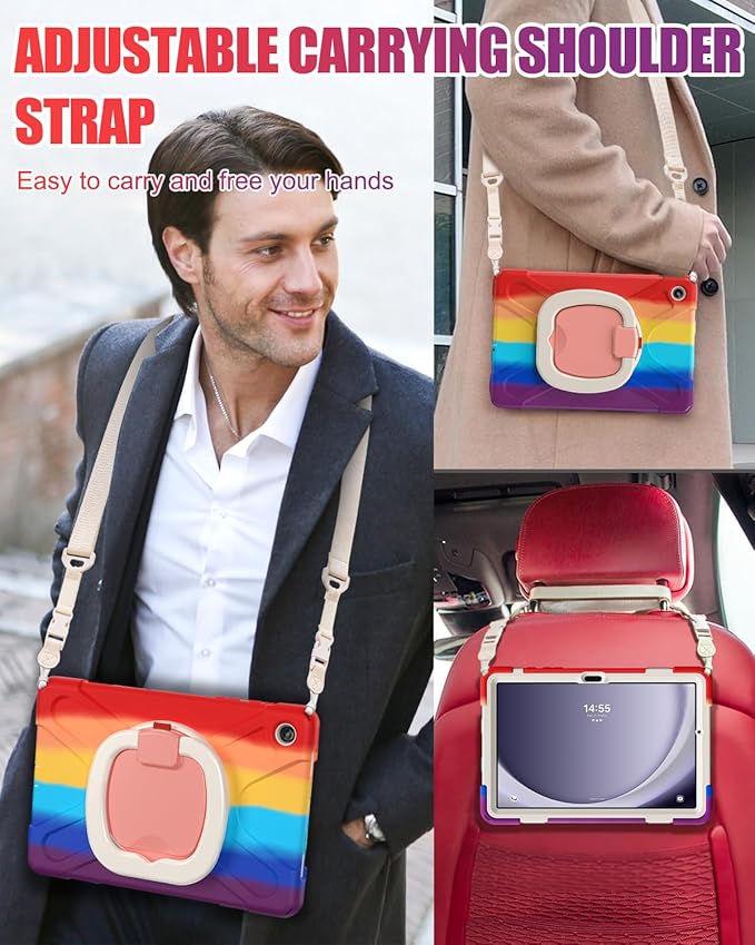 BRAECN Case for Samsung Galaxy Tab A9+ Plus 11” 2023 SM-X210/X216/X218-Heavy Duty Rugged Silicone Cover with Screen Protector, 360 Degree Rotating Stand, Stable Kickstand, Shoulder Strap, Colorful Red