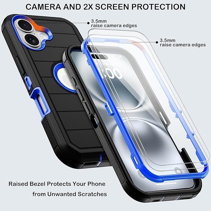 for iPhone 16 Case with 2 Screen Protectors,Heavy Duty Shockproof Drop Protection Military Grade Tri-Layer Rugged Cell Phone Cover with Belt Clip Holster & Kickstand for Apple 16 6.3“ Black Blue