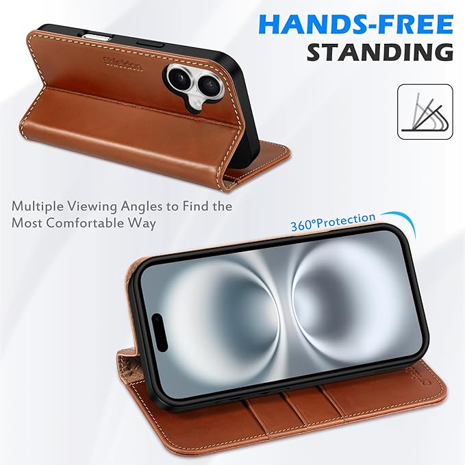 SHIELDON Case for iPhone 16 5G 6.1", Genuine Leather Wallet Flip Magnetic Closure Cover RFID Blocking Credit Card Holder Kickstand TPU Shockproof Case Compatible with iPhone 16 2024 - Retro Brown