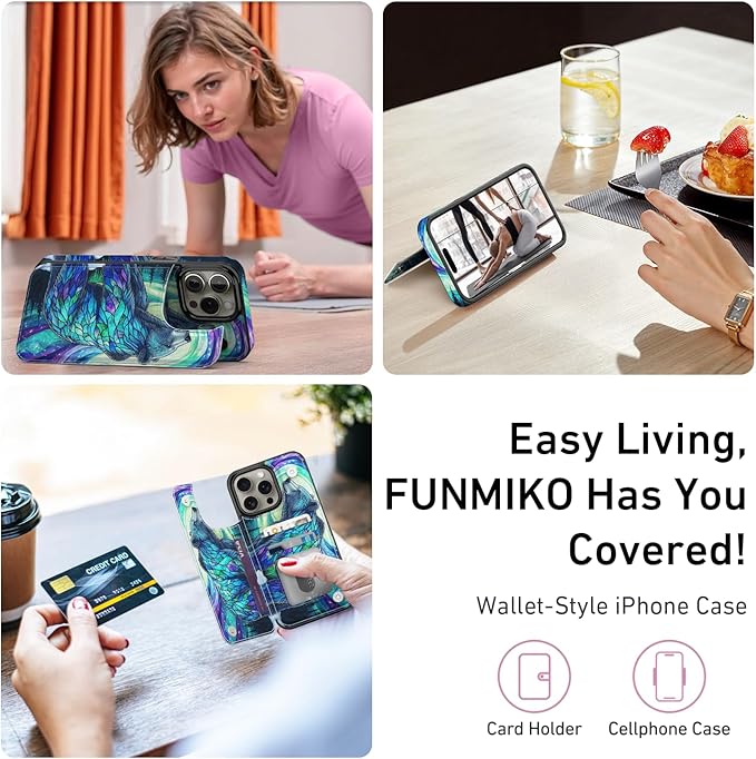 FUNMIKO for iPhone 13 Pro Wallet Case with Card Holder, RFID-Blocking, Military-Grade Protection & UV-Printed Artwork, Magnetic Closure with Leather Kickstand - Prismatic Aurora Bear