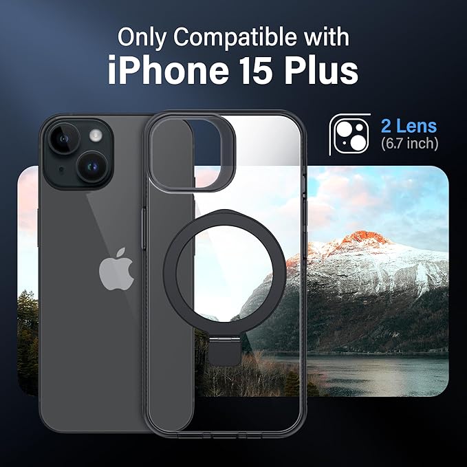 Magnetic Case for iPhone 15 Plus - [Built-in Invisible Stand] [Compatible with MagSafe] [Military Grade Drop Protection] Anti-Yellowing Hard Back Silicone Edge Cover, 6.7", Clear Black